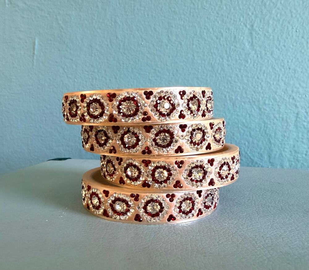 Indian Bridal Chura Bangles Stack, 4 Pc Red Crystal Kundan Stone Inset Bracelets